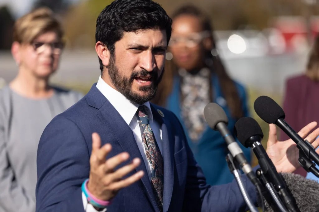 Rep. Greg Casar (D-TX) and Chairwoman Rep. Pramila Jayapal (D-WA) hold a news conference to introduce newly elected members of the CPC for the 119th Congress on Monday, Nov. 11, 2024. (Graeme Jennings / Washington Examiner)