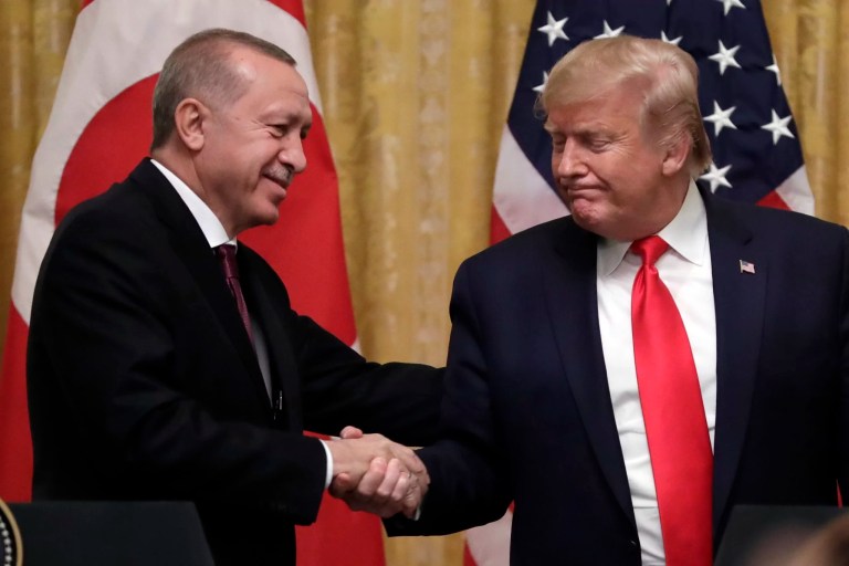 In this Nov. 13, 2019, file photo, President Donald Trump shakes hands with Turkish President Recep Tayyip Erdoğan after a news conference in the East Room of the White House, in Washington. Former President Joe Biden has often touted the personal relationships he’s developed with world leaders over nearly 50 years in national politics as a factor that makes him uniquely equipped to revitalize the reputation of the United States following the presidency of Trump. He’s mentioned to aides that he’s developed a strong rapport with Erdoğan over the years, according to a senior administration official who spoke on the condition of anonymity to discuss private conversations.