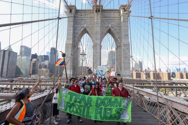 Thousands of youth climate activists from around the world gathered in New York City to demand that world leaders end fossil fuels and make polluters pay as part of a global week of climate action, days before the leaders arrive for the United Nations' General Assembly meeting on Friday, Sept. 20, 2024 in New York City.