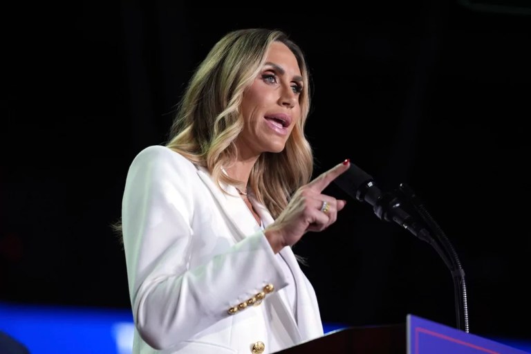 Republican National Committee co-chair Lara Trump speaks at a campaign rally with Republican presidential nominee former President Donald Trump at Van Andel Arena, Tuesday, Nov. 5, 2024, in Grand Rapids, Mich. (AP Photo/Evan Vucci)