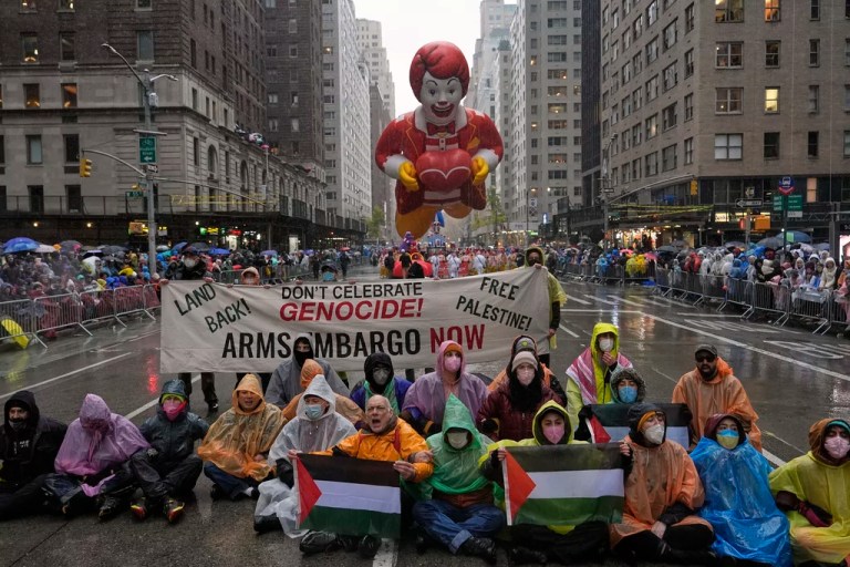 Gaza protesters arrested at Macy’s Thanksgiving Day Parade as Ronald McDonald float bears down on them