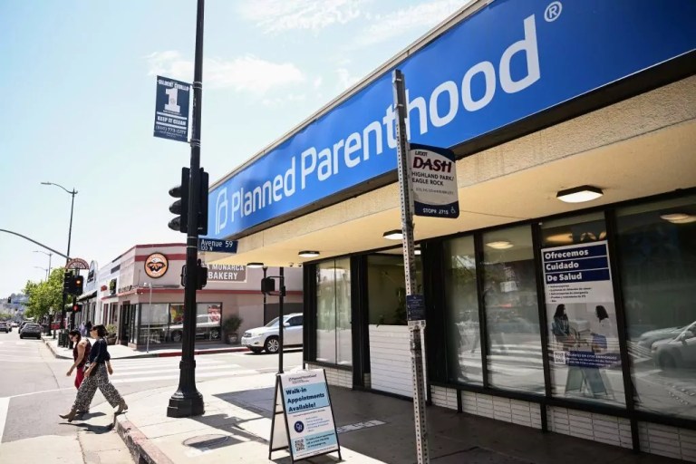 Planned Parenthood signage is displayed outside of a health care clinic in Los Angeles, California on May 16, 2023.