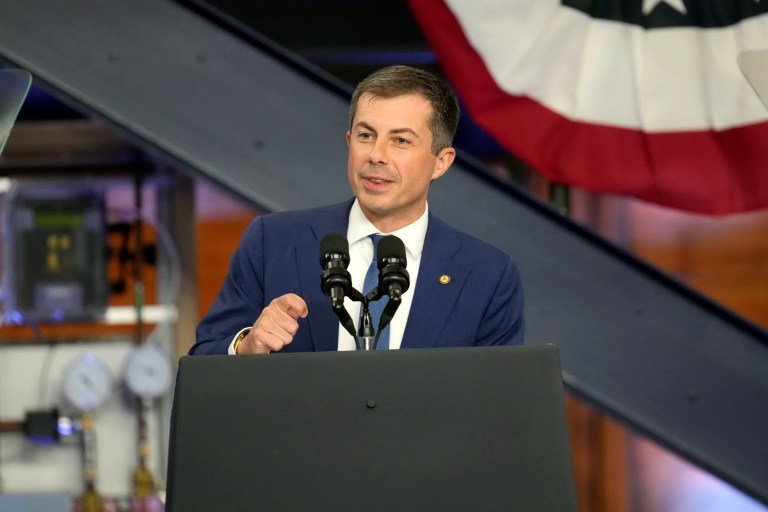 Transportation Secretary Pete Buttigieg speaks before President Joe Biden during a visit to the U.A. Local 190 Training Center in Ann Arbor, Michigan, Friday, Sept. 6, 2024.