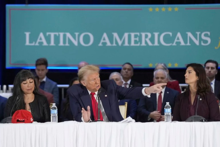 Republican presidential nominee former President Donald Trump participates in a roundtable with Latino leaders, Oct. 22, 2024 in Doral, Fla. (AP Photo/Alex Brandon)