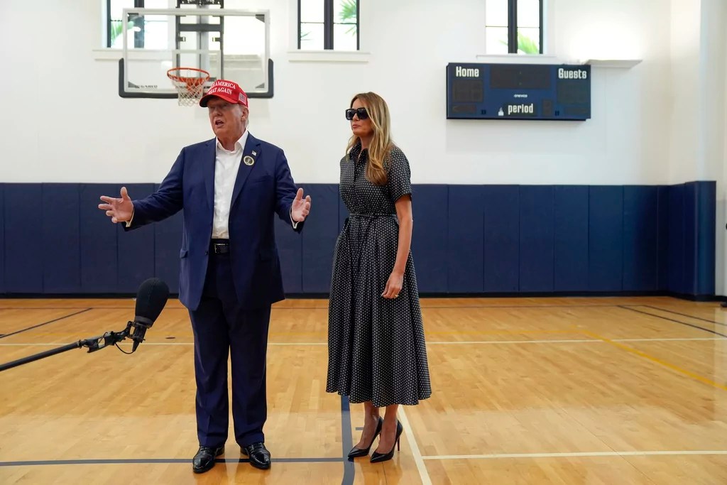 Trump trolls Harris during polling place press conference