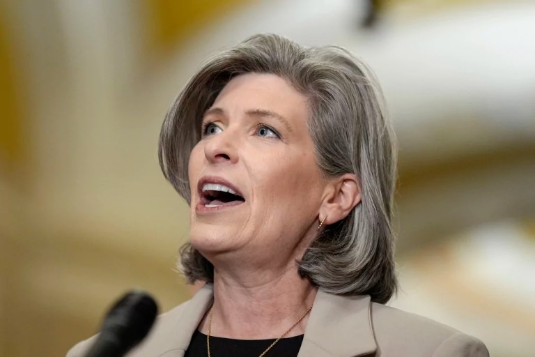 Sen. Joni Ernst (R-IA) talks after a policy luncheon on Capitol Hill, Wednesday, March 6, 2024, in Washington.