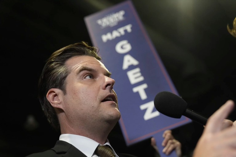 Former Florida Rep. Matt Gaetz watches a debate between former President Donald Trump, Republican presidential nominee, and Vice President Kamala Harris, Democratic presidential nominee, Tuesday, Sept. 10, 2024, in Philadelphia.