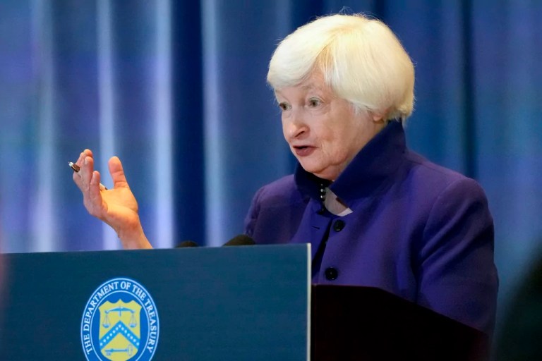 Treasury Secretary Janet Yellen speaks during a press conference after meetings with Chinese Vice Premier He Lifeng, Friday, Nov. 10, 2023, in San Francisco. Treasury Secretary Janet Yellen says former President Donald Trump's policies toward China left America “more vulnerable and more isolated” in the global economy, a rare jab by her at the frontrunner for the Republican presidential nomination. Yellen made the comment in remarks prepared for delivery at a U.S.-China Business Council event Thursday night.