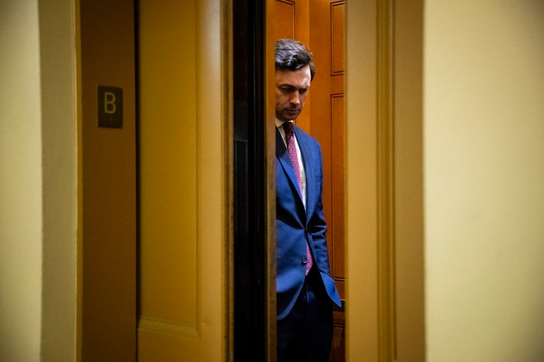 Sen. Jon Ossoff (D-GA) boards an elevator during a Senate vote at the Capitol, in Washington, D.C., Thursday, Feb. 1, 2024.