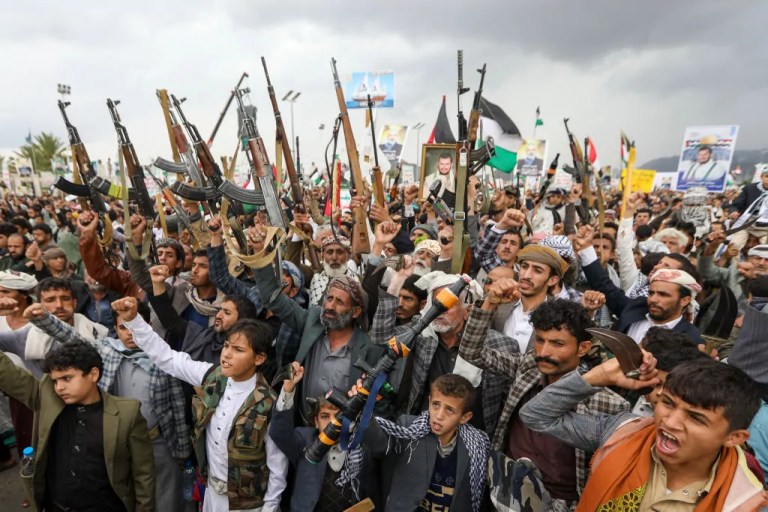 Armed Yemenis chant slogans during a demonstration denouncing the killing of Hamas chief Ismail Haniyeh and Hezbollah senior commander Fuad Shukr in the Huthi-controlled capital Sanaa on August 2, 2024, amid the ongoing conflict in the Gaza Strip between Israel and the Palestinian Hamas movement. Haniyeh, the Palestinian armed group's political chief, who was killed on July 31 in the Iranian capital Tehran, played a key role in mediated talks aimed at ending nearly 10 months of war between Hamas and Israel in Gaza. (Photo by Abdallah ADEL / AFP) (Photo by ABDALLAH ADEL/AFP via Getty Images)