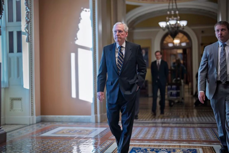 Sen. Mitch McConnell (R-KY) walks to his office as Congress returns for the lame-duck session, at the Capitol in Washington, Tuesday, Nov. 12, 2024.