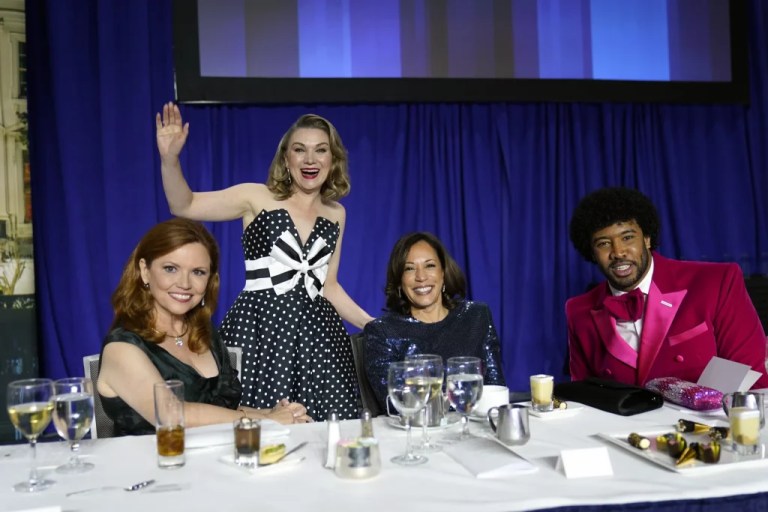 From left, Kelly O'Donnell, WHCA vice president and Senior White House Correspondent for NBC News, Tamara Keith, WHCA president and White House Correspondent for NPR, Vice President Kamala Harris and Eugene Daniels, WHCA treasurer and White House reporter for Politico, pose for photos during the White House Correspondents' Association dinner at the Washington Hilton in Washington, Saturday, April 29, 2023. (AP Photo/Carolyn Kaster)