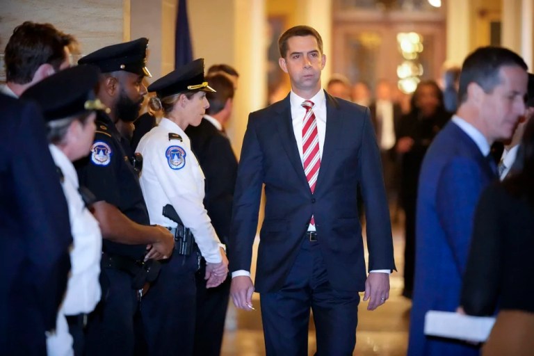Sen. Tom Cotton, R-Ark., arrives for a meeting of Senate Republicans on Capitol Hill, Wednesday, Nov. 13, 2024, in Washington.