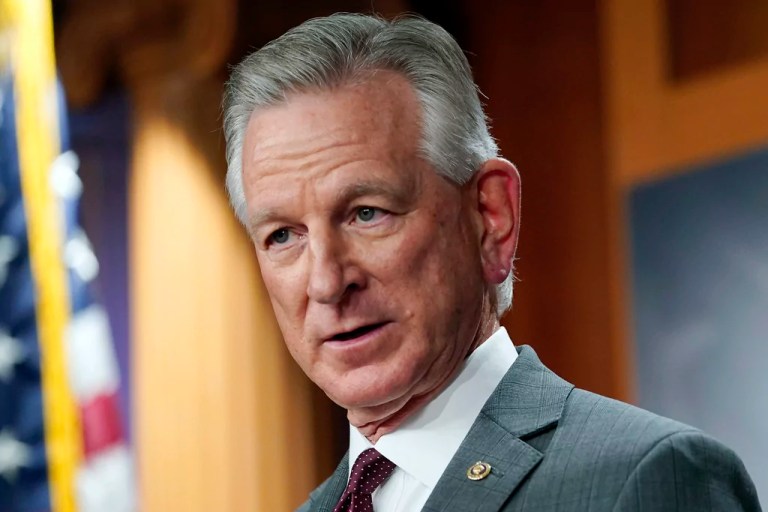 Sen. Tommy Tuberville (R-AL) listens to a question during a news conference, March 30, 2022, in Washington.