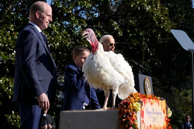 Biden honors Peach and Blossom in final turkey pardon: ‘Keep calm and gobble on’
