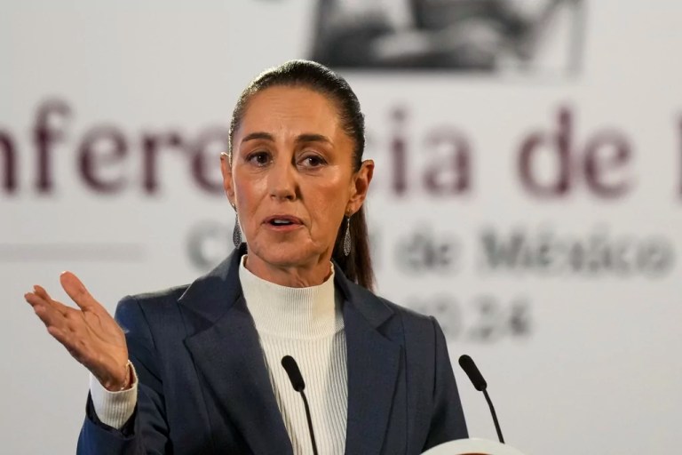 Mexican President Claudia Sheinbaum gives a media briefing from the National Palace in Mexico City, Oct. 2, 2024, the morning after her inauguration.