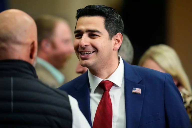 Gabe Evans greets well-wishers during a meet-and-greet before the first Republican primary debate for the 8th Congressional district seat Thursday, Jan. 25, 2024, in Fort Lupton, Colo. (AP Photo/David Zalubowski)