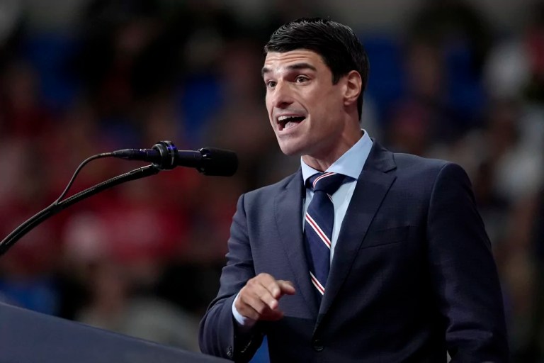 Rob Bresnahan, candidate for Pennsylvania's Eighth U.S. Congressional District, speaks at a campaign rally for Republican presidential nominee former President Donald Trump at the Mohegan Sun Arena at Casey Plaza, Aug. 17, 2024, in Wilkes-Barre, Pennsylvania.
