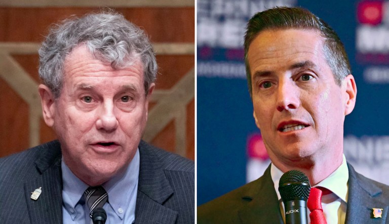 This combination photo shows Sen. Sherrod Brown (D-OH), Oct. 26, 2023, on Capitol Hill in Washington, left, and Cleveland businessman Bernie Moreno, a Republican candidate for Senate, in Westlake, Ohio, March 19, 2024. (AP Photo)