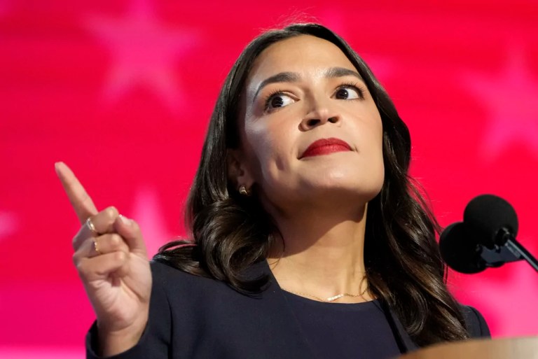 Rep. Alexandria Ocasio-Cortez (D-NY) speaks during the first day of Democratic National Convention, Monday, Aug. 19, 2024, in Chicago. (AP Photo/Jacquelyn Martin)