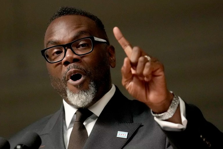 Chicago Mayor Brandon Johnson responds to a question during a news conference during which he introduced six of his nominees to the Chicago Board of Education, Monday, Oct. 7, 2024, in Chicago.