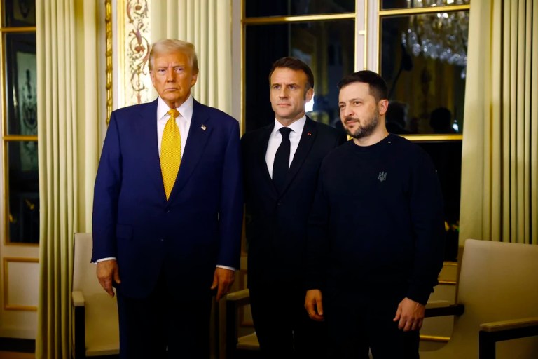 President-elect Donald Trump, French President Emmanuel Macron, and Ukrainian President Volodymyr Zelensky pose before a meeting at the Elysee Palace in Paris, Friday, Dec. 7, 2024.