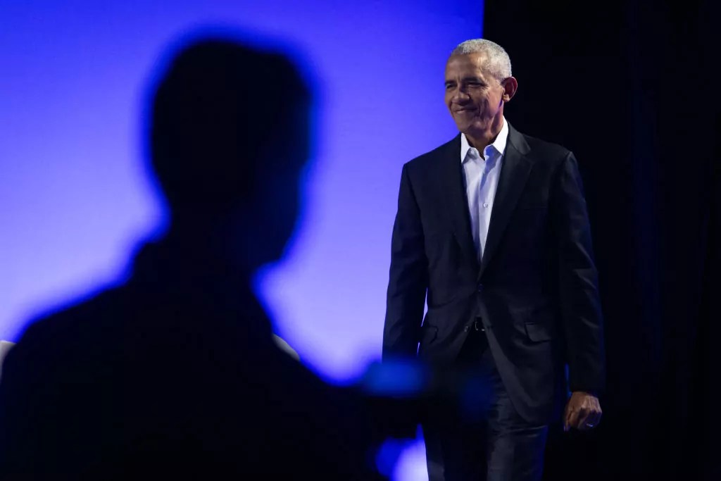 Former President Barack Obama moderates a conversation during the Obama Foundation's 2024 Democracy Forum on Dec. 05, 2024 in Chicago, Illinois.