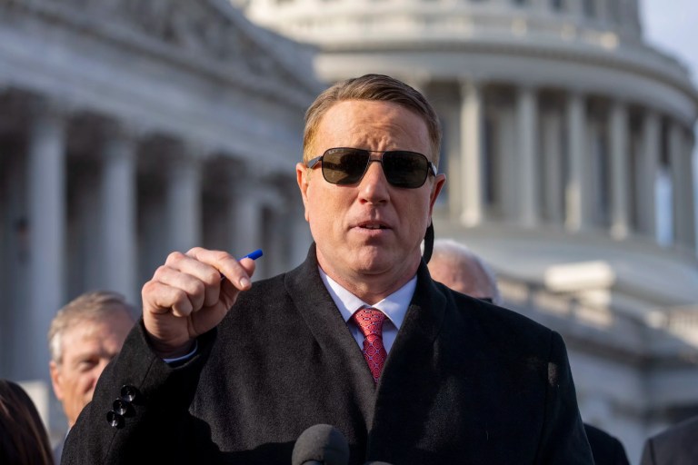 Rep. Pat Fallon (R-TX) speaks about wanting to impeach former Homeland Security Secretary Alejandro Mayorkas, during a news conference on Capitol Hill, Wednesday, Feb. 1, 2023, in Washington.