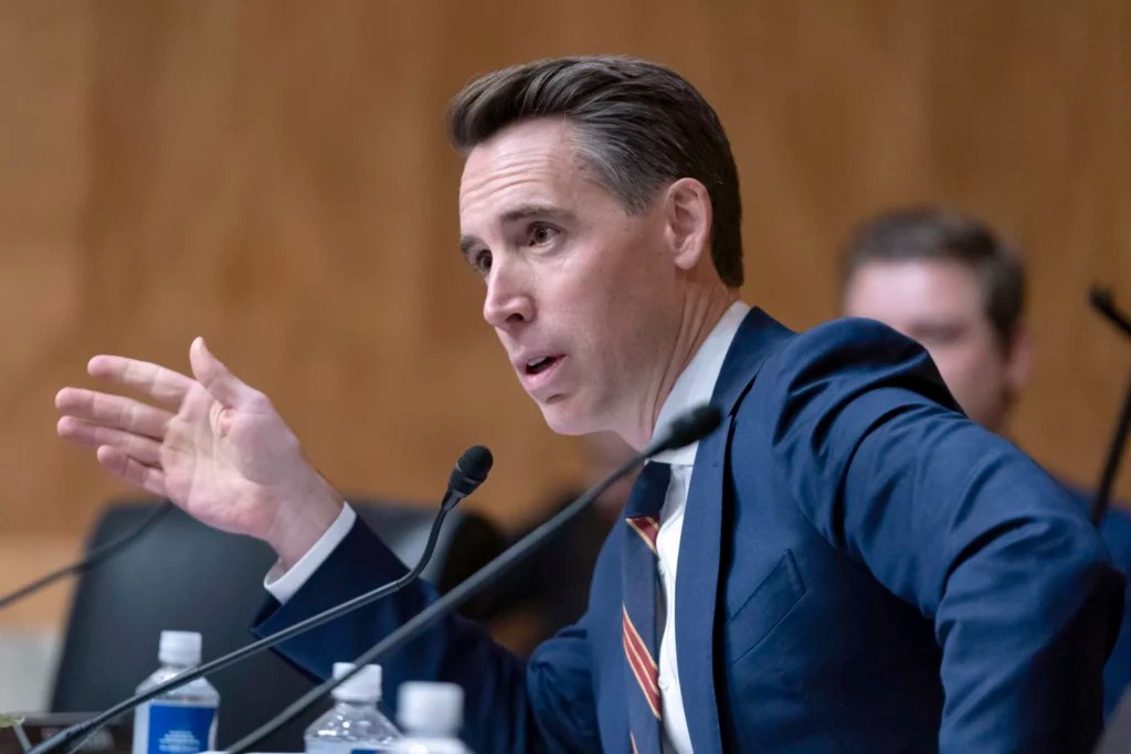 Sen. Josh Hawley (R-MO) questions Postal Service Postmaster General Louis DeJoy during the Senate Homeland Security and Governmental Affairs Committee on understanding proposed service changes hearing, on Capitol Hill in Washington, Thursday, Dec. 5, 2024.