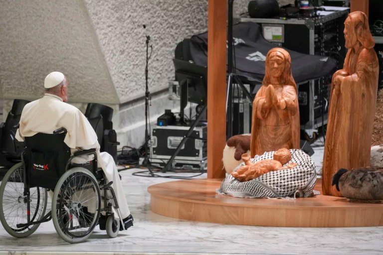 Pope Francis criticized for Vatican nativity scene with baby Jesus in a keffiyeh