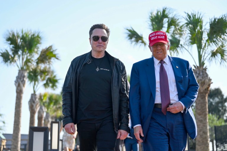 President-elect Donald Trump walks with Elon Musk before the launch of the sixth test flight of the SpaceX Starship rocket Tuesday, Nov. 19, 2024, in Boca Chica, Texas.