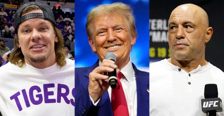 This combination of images shows comedian and podcaster Theo Von, left, President Donald Trump, center, and comedian-commentator and podcaster Joe Rogan.