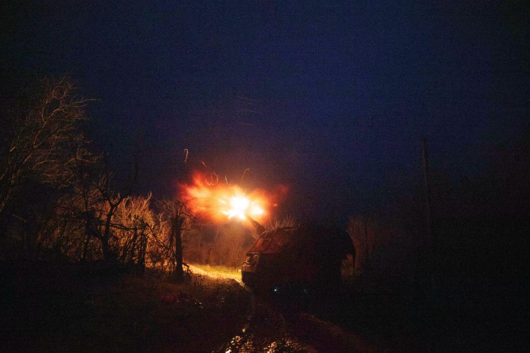 A Ukrainian AS-90 self-propelled artillery vehicle fires toward Russian positions at the frontline on Pokrovsk direction, Donetsk region, Ukraine, Wednesday, Dec. 23, 2024.