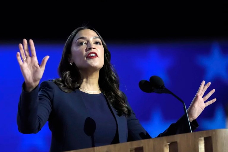 Rep. Alexandria Ocasio-Cortez (D-NY) speaks during the Democratic National Convention in Chicago, Aug. 19, 2024.