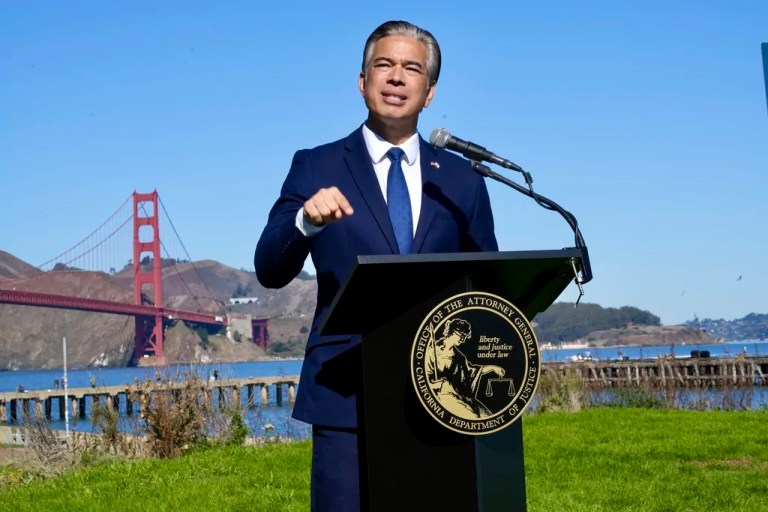California Attorney General Rob Bonta speaks at a news conference in front of the Golden Gate Bridge in San Francisco on Thursday, Nov. 7, 2024.