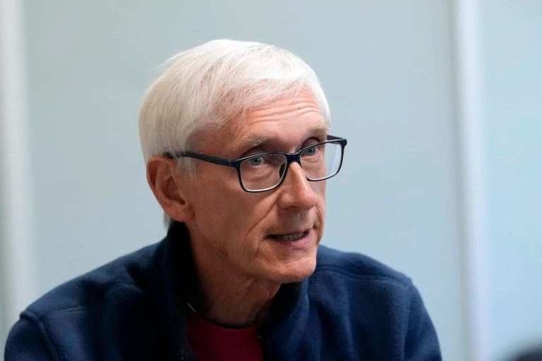 Gov. Tony Evers (D-WI) speaks during a campaign event, Thursday, Oct. 17, 2024, in Flint, Michigan.