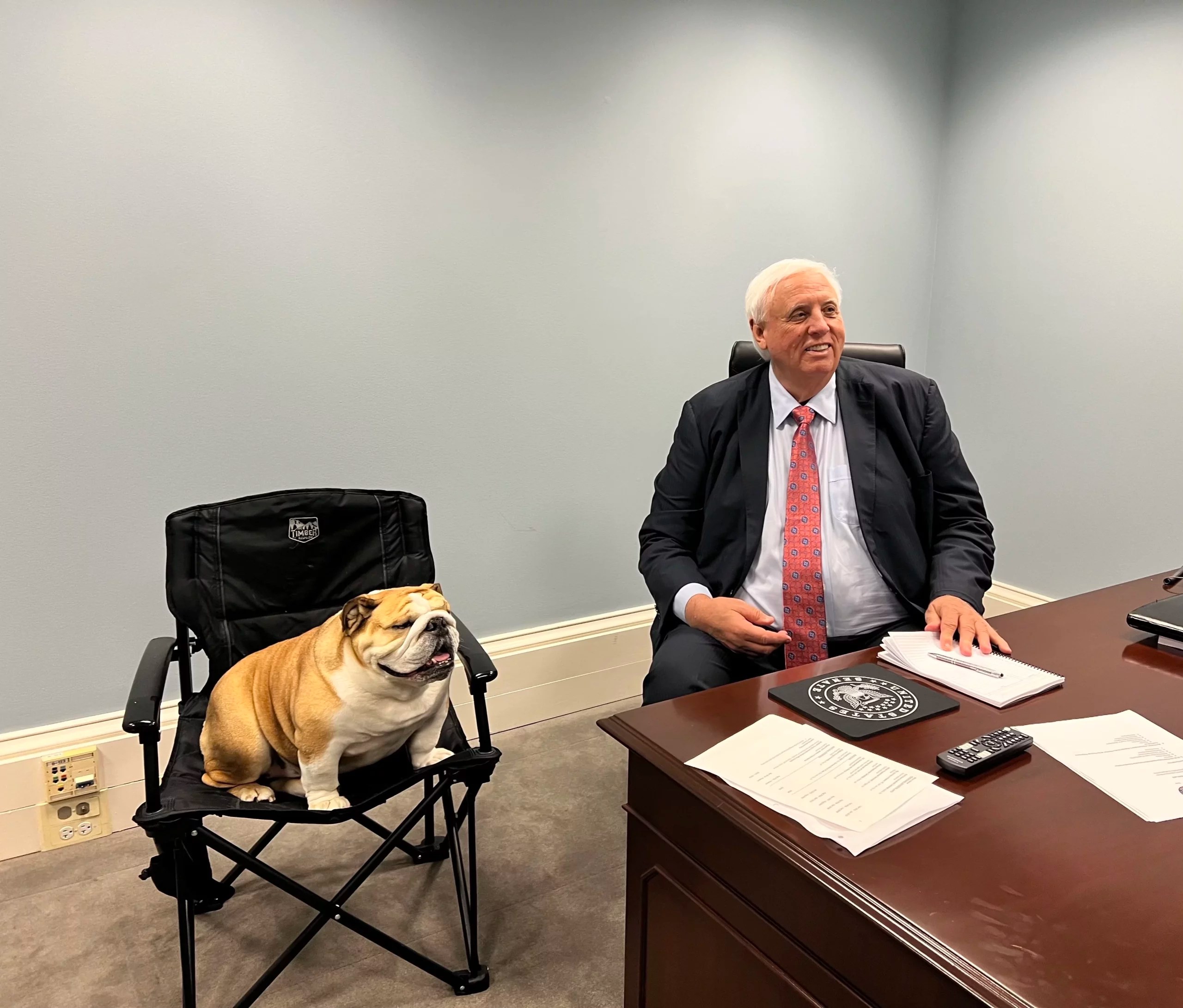 Jim Justice (R-W.Va.) with Babydog at his Senate office on Dec. 11, 2024. (Marisa Schultz/Washington Examiner)
