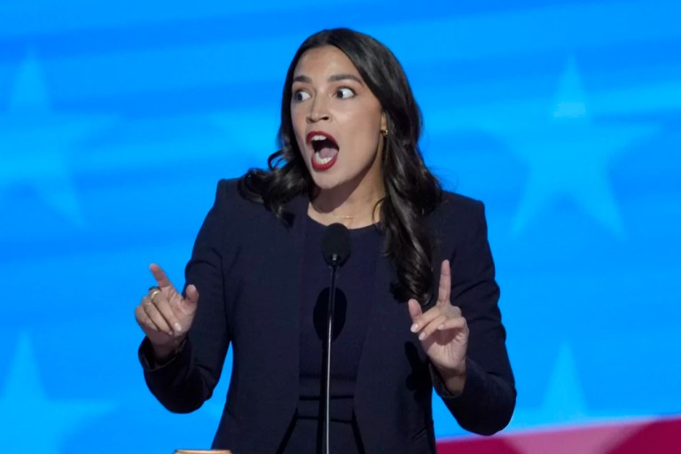 Rep. Alexandria Ocasio-Cortez, D-NY, speaking during the Democratic National Convention on Monday, Aug. 19, 2024, in Chicago. (AP Photo/J. Scott Applewhite)