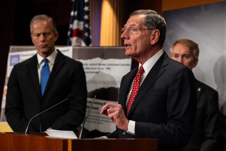 Sen. John Barrasso (R-WY) gestures while speaking during a press conference discussing the Laken Riley Act at the US Capitol on January 9, 2025 in Washington, DC. The bill, the first of the new Congress that was sworn in last week, was named for the 22-year-old Georgia nursing school student who was murdered in 2024 by an immigrant in the United States illegally.
