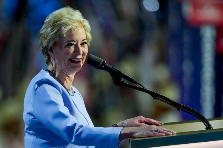 Linda McMahon speaks during the Republican National Convention, Thursday, July 18, 2024, in Milwaukee.