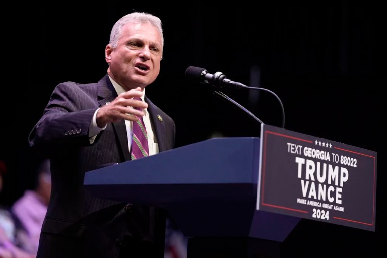 Rep. Buddy Carter (R-GA) speaks before former President Donald Trump, Republican presidential candidate, arrives to deliver remarks on the tax code and manufacturing at the Johnny Mercer Theatre Civic Center, Tuesday, Sept. 24, 2024, in Savannah, Georgia.