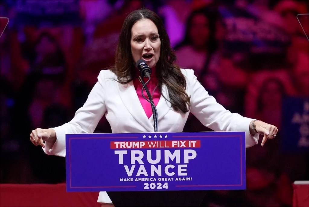 Brooke Rollins speaks before Republican presidential nominee former President Donald Trump speaks at a campaign rally at Madison Square Garden, Sunday, Oct. 27, 2024, in New York. (AP Photo/Evan Vucci)