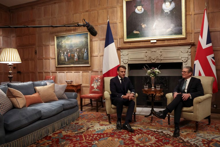 British Prime Minister Keir Starmer, right, and French President Emmanuel Macron talk during a bilateral meeting at Chequers, near Aylesbury, England, Thursday Jan. 9, 2025.