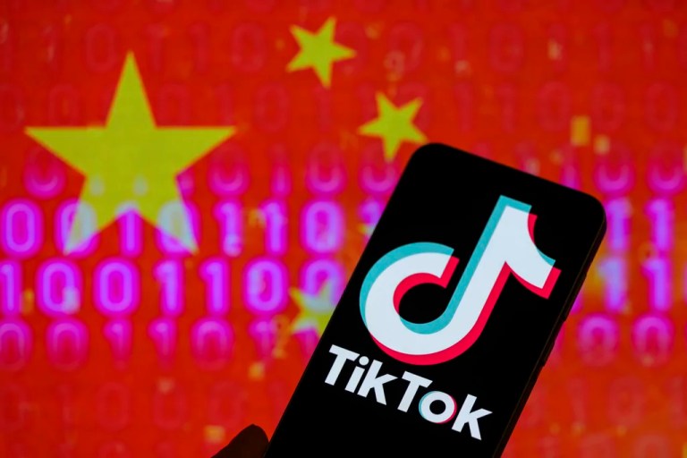TikTok's loading screen atop a background of the Chinese flag and binary code.