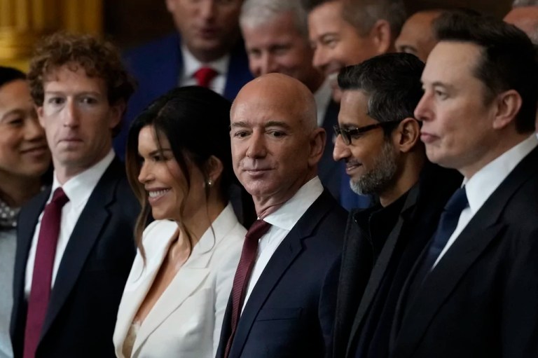 Guests including Mark Zuckerberg, Jeff Bezos, Sundar Pichai, and Elon Musk, arrive before the 60th Presidential Inauguration in the Capitol Rotunda in Washington, Monday, Jan. 20, 2025.