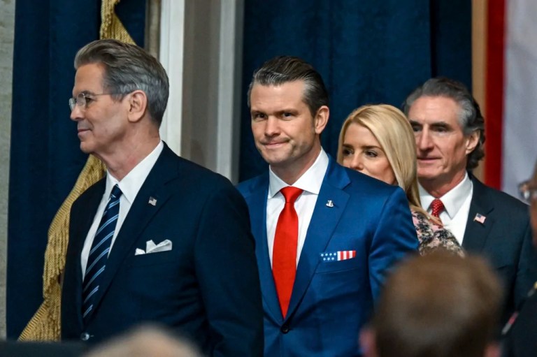 Defense secretary nominee Pete Hegseth, from second left, attorney general nominee Pam Bondi, and former North Dakota Gov. Doug Burgum,secretary of the interior nominee, arrive before the 60th presidential inauguration in the Capitol Rotunda in Washington, Monday, Jan. 20, 2025.