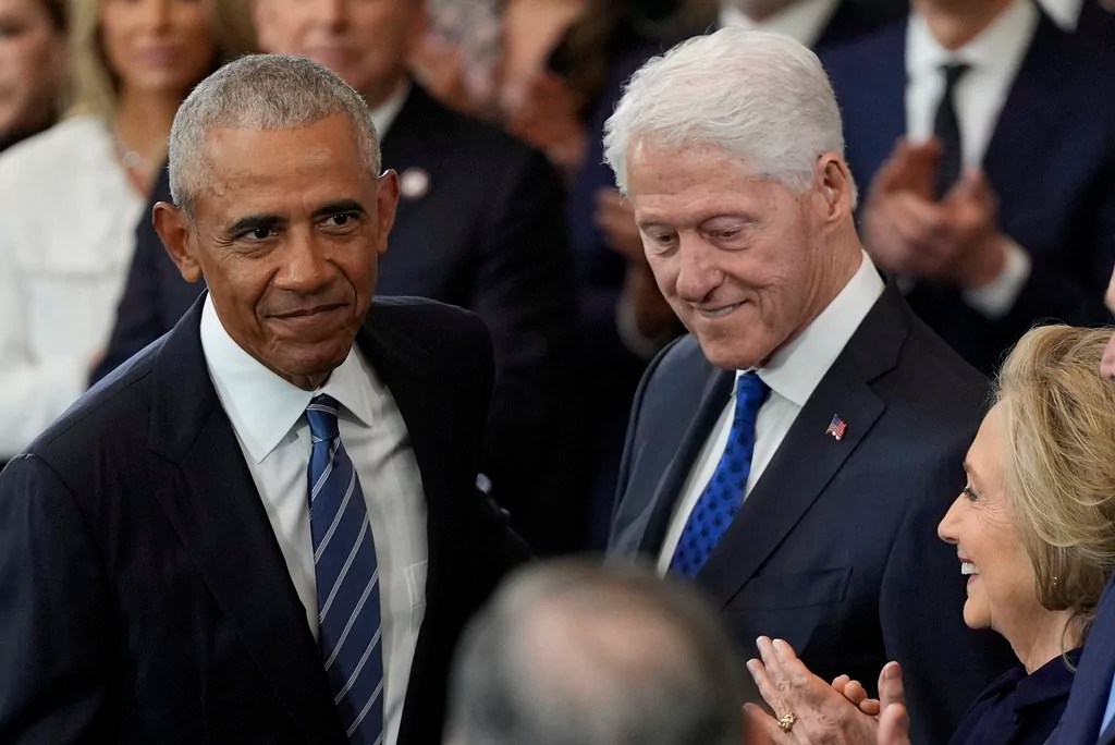 Former President Barack Obama, former President Bill Clinton and former Secretary of State Hillary Clinton arrive before the 60th Presidential Inauguration in the Rotunda of the U.S. Capitol in Washington, Monday, Jan. 20, 2025.