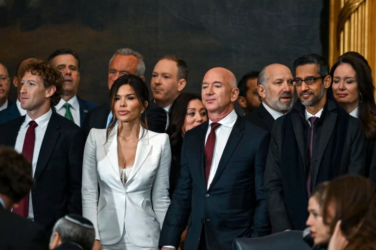 Mark Zuckerberg, from left, Lauren Sanchez, Jeff Bezos and Sundar Pichai stand before the 60th Presidential Inauguration in the Rotunda of the U.S. Capitol in Washington, Monday, Jan. 20, 2025.