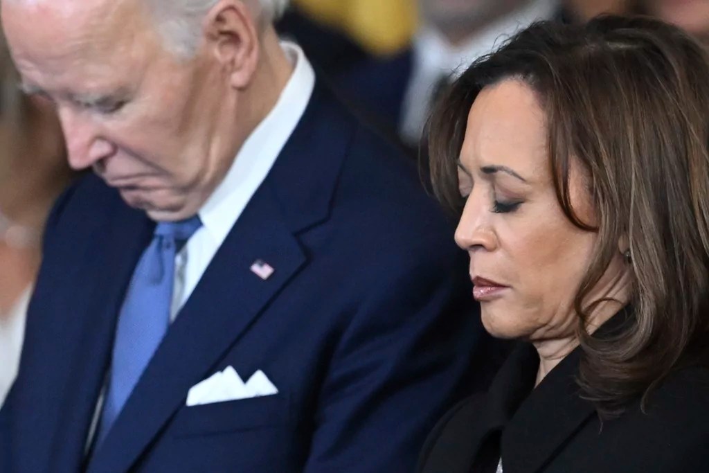 Former President Joe Biden and former Vice President Kamala Harris bow their heads for a benediction during the 60th Presidential Inauguration in the Rotunda of the U.S. Capitol in Washington, Monday, Jan. 20, 2025.