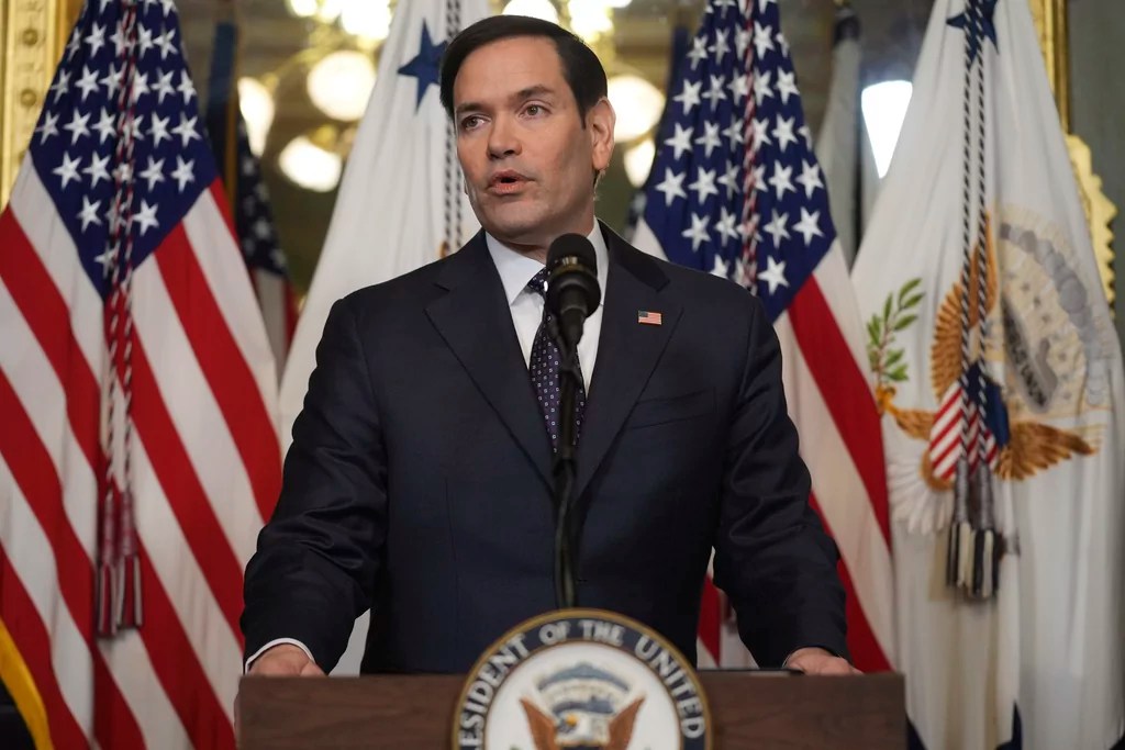 Secretary of State Marco Rubio speaks after being sworn in by Vice President JD Vance in the Vice Presidential Ceremonial Office in the Eisenhower Executive Office Building on the White House campus, Tuesday, Jan. 21, 2025, in Washington.